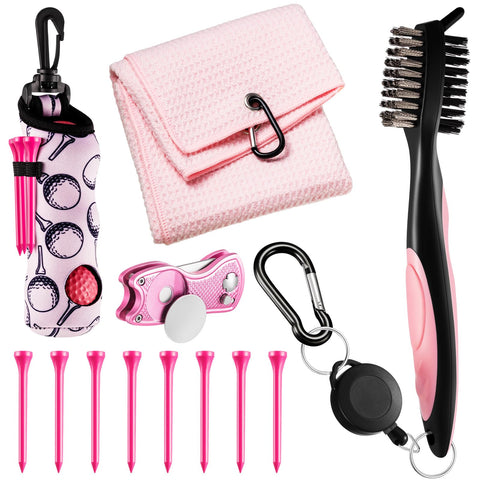 Liliful 12 Pcs Golf Accessories Kit, Include Golf Tees Towel Ball Bag with Hook Cleaner Brush Divot Tool with Magnetic Ball Marker for Women Man Gifts(Pink)