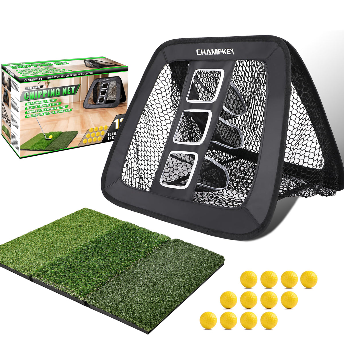 CHAMPKEY Double Sided Golf Chipping Net Come with Tri-Turf Hitting Mat ...