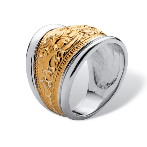 PalmBeach Yellow Gold-plated Sterling Silver Two Tone Scroll Motif Cigar Band Ring (5mm) Sizes 6-10 Size 8 - Image 5